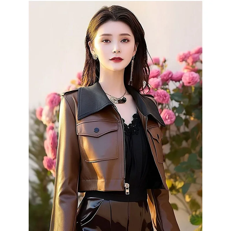 เสื้อโค้ทหนังสุดเท่ห์ สไตล์สปริง/ออทั่ม 2026 สำหรับผู้หญิง  พรีเมียม สีน้ำตาล ปกเสื้อแบบลาペル แจ็คเก็ตหนัง  เสื้อคลุมตัวนอก