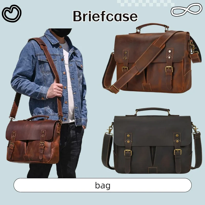 Retro Men's Briefcase Commuter Bag Genuine Leather Shoulder Bag