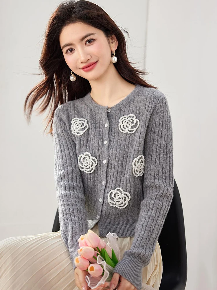 Casual Camellia Knitted Cardigan Autumn Fashion Loose Round Neck Sweater for Women Solid Color Long Sleeve Top