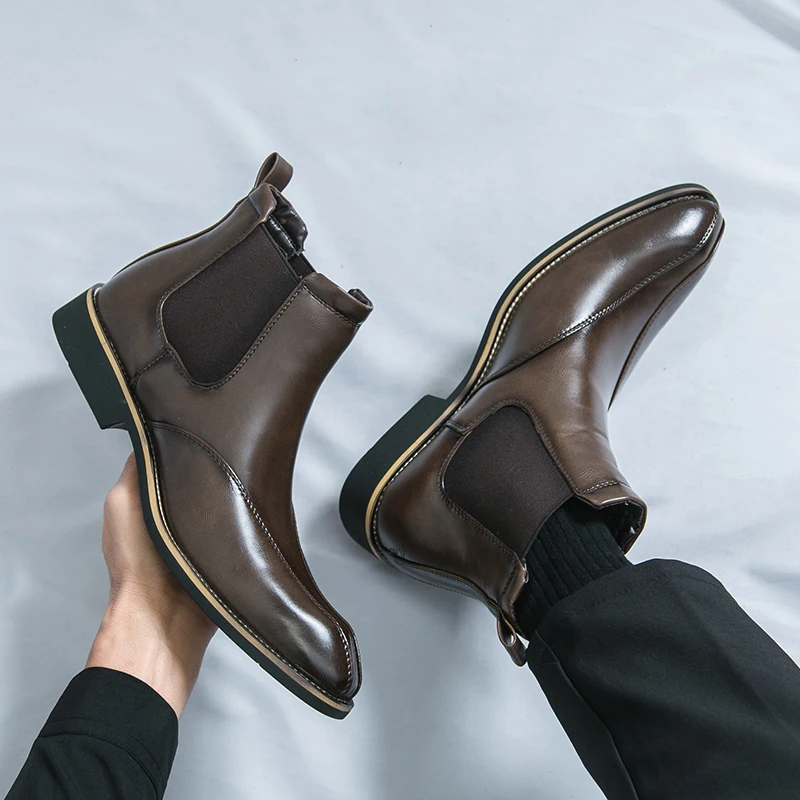 Men High Top Boots PU Solid Color Low Heel Professional Business Men Boots Size 38-46
