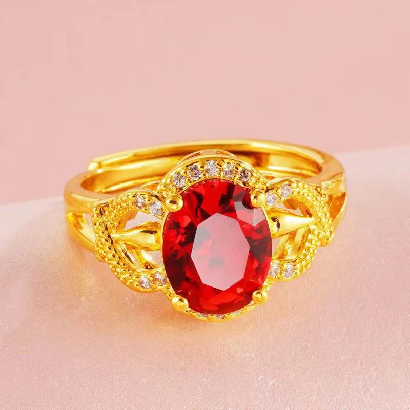 Luxury 9999 24K pure gold garnet foot gold ring with natural red crystal inlay and adjustable opening women's gold jewelry ring