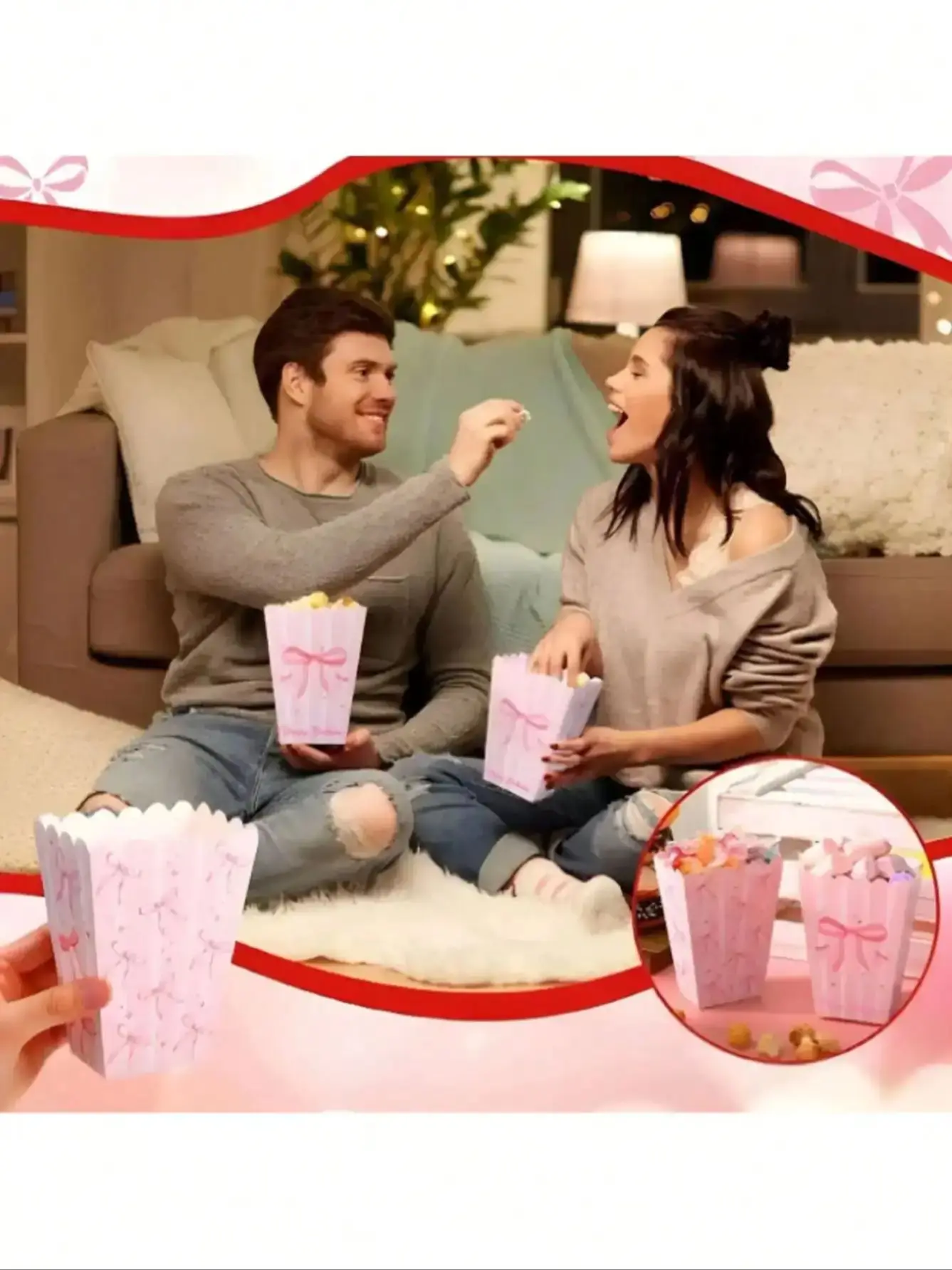 6-18PC Rosa Schleife Papier Popcorn Boxen Weihnachten Fliege Snack Candy Boxen Mädchen Party Geschenk Box für BBQ Französisch Frites Party Dekoration – Detail 4