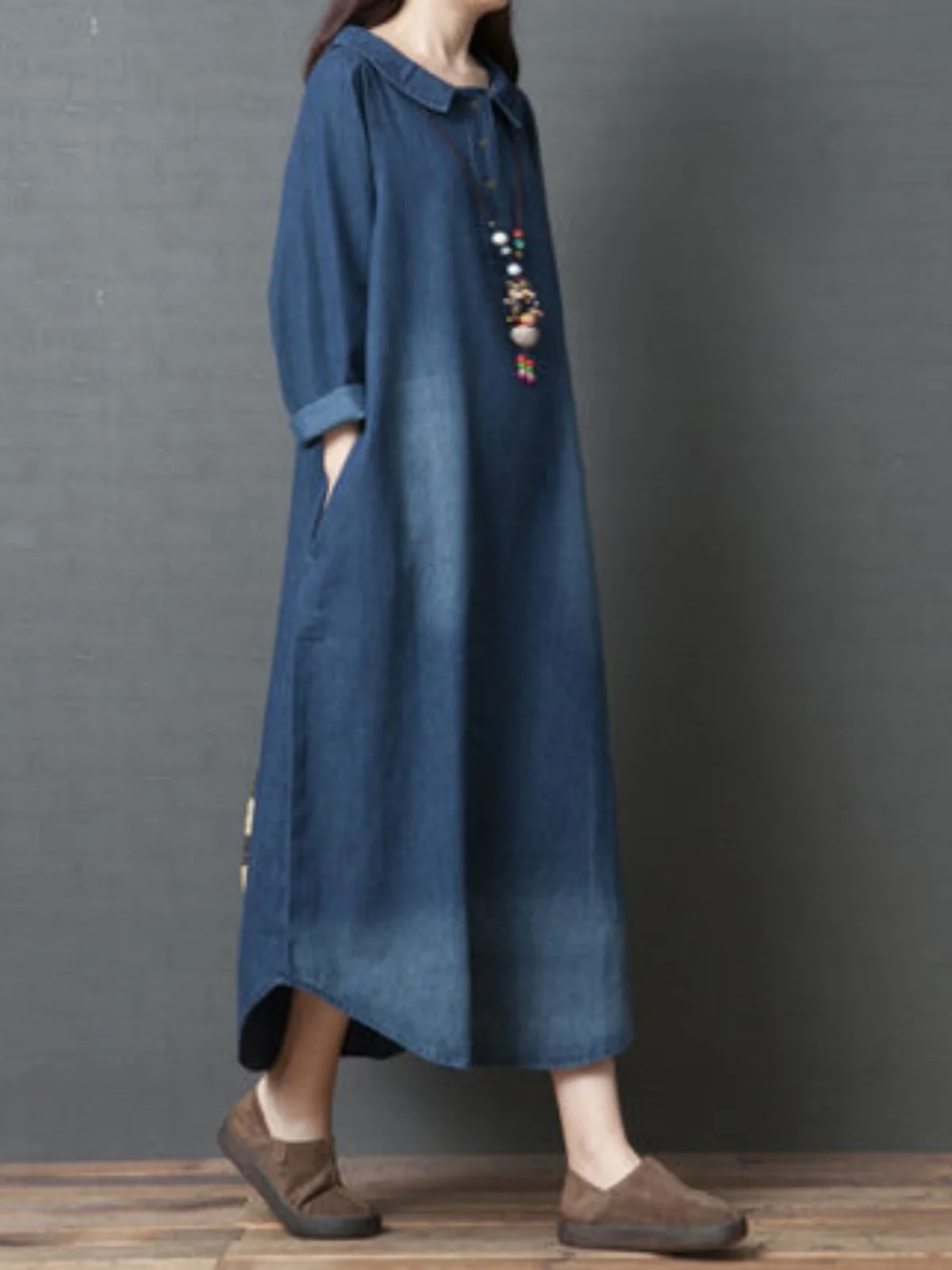 Women's Denim Dr Long Sve Loose Fit irt Sle Autumn Spring Faion plus Size Clothing Meat Concealing Slimming Skirt