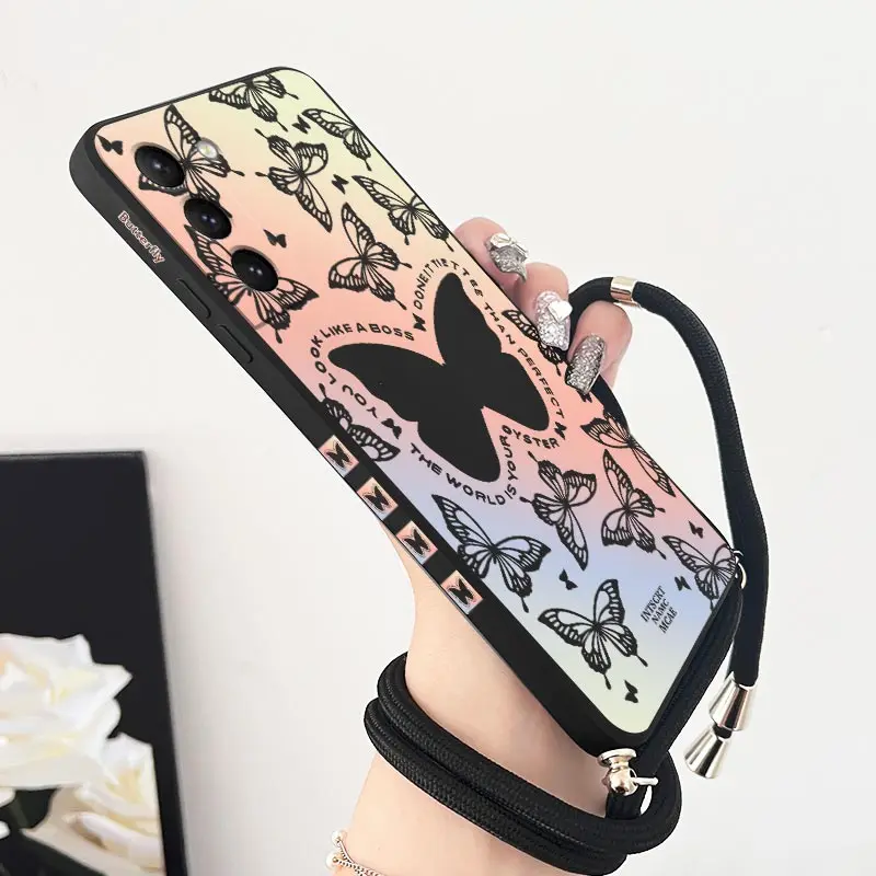 S22 Auroral Butterfly Lanyard Silicone Phone Case For Samsung S22 S22Plus S21Plus S21Ultra S21 S21FE S22Ultra aS20 S20Plus Cover