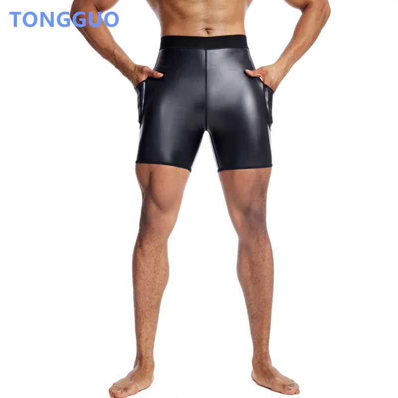 

Cool Boy Body Shapers Slim Fashion Leather Pants Waist Trainer Stretch Waist Control Panties Fitness Leather Shorts with Pockers