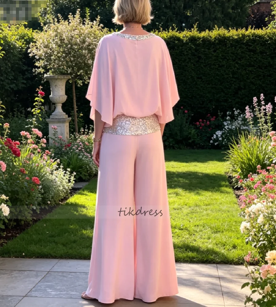 Pink Chiffon Mother of The Bride Pant Suit Batwing Sleeve Silver Sequin Trim Formal Wedding Guest Evening Outfit Party Birthday view 2