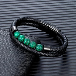 MKENDN Multi-layer Braided Leather Charm Bracelet Peacock Green Tiger Eye Stone Bracelet For Men Simple Stainless Steel Jewelry