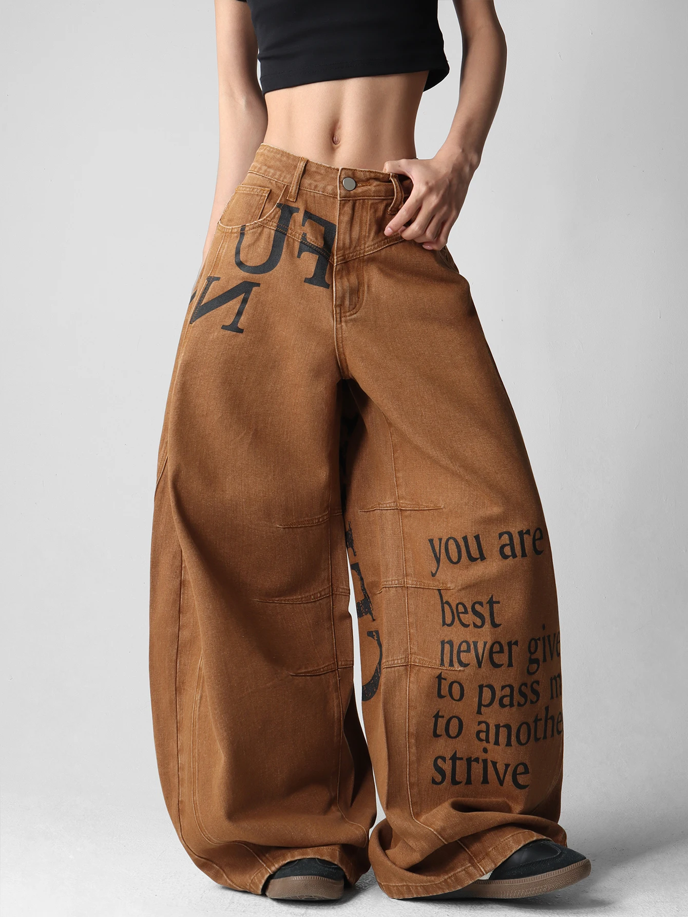 American Street-Style Letter Print Women's Loose Cocoon Jeans, Street Retro Vibe, Casual Versatile Fashion Wide-Leg Pants