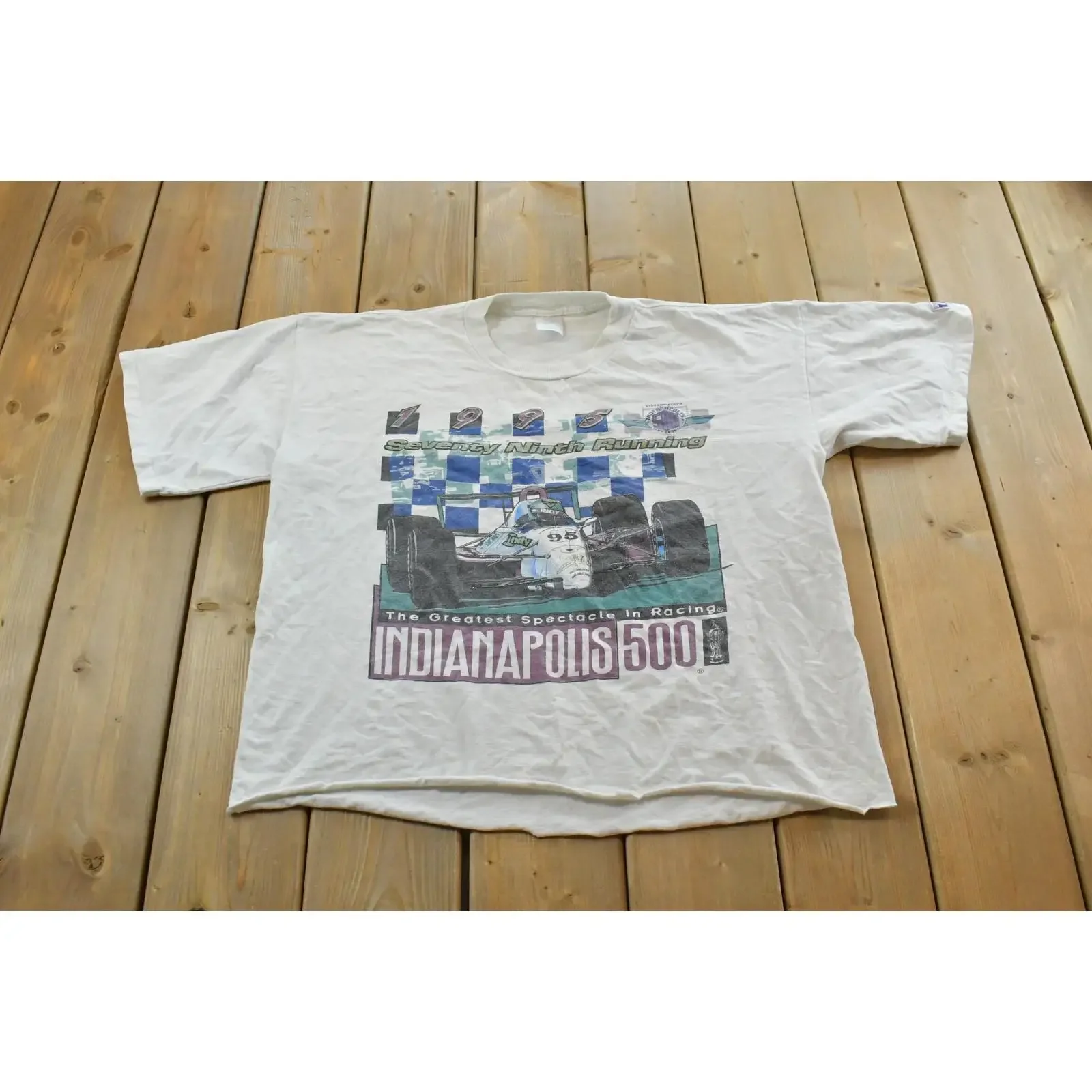 Vintage 1995 Indianapolis 500 Seventy Ninth Racing T Shirt The Greatest Spectacle In Checkered Flag Print White vintage Washed