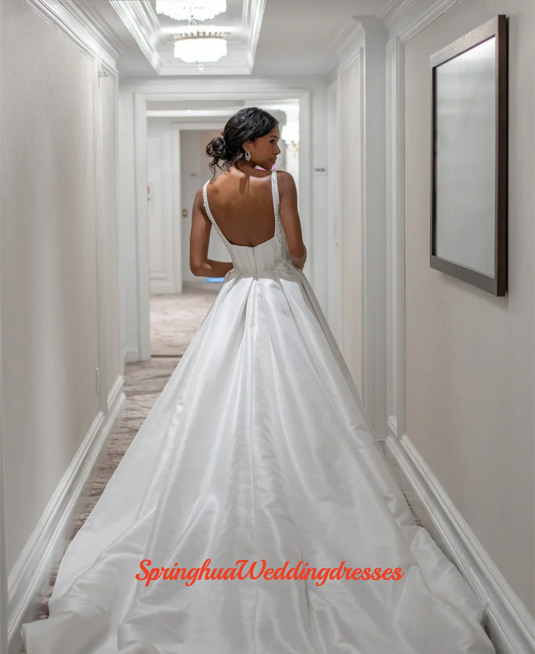 Customized Spaghetti Straps Wedding Dresses Crystal Decorations Matte Satin Material High Slit Fashionable Bridal Gown