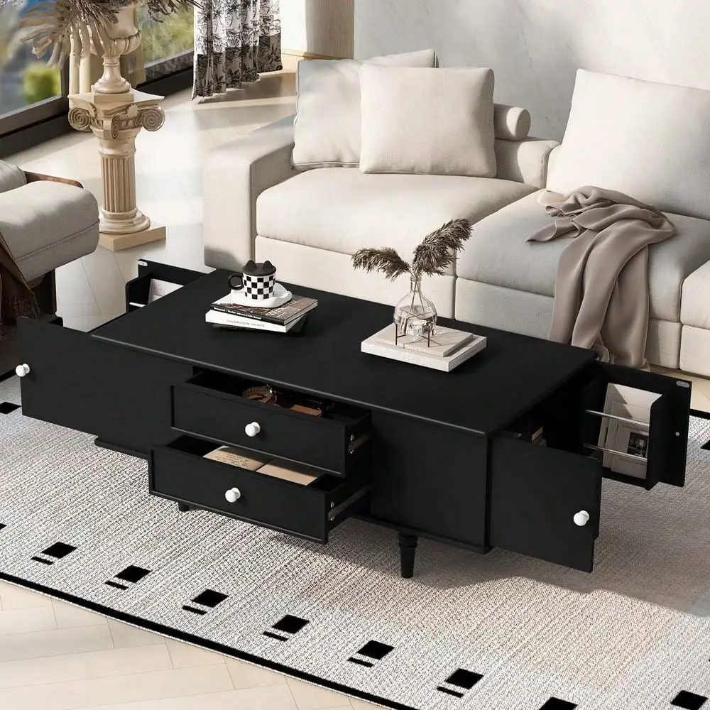 

Modern Rectangle Coffee Table With Four Drawers, Two Side Hidden Storage Compartments, 47.2 Wood Coffee Table With Metal Handle