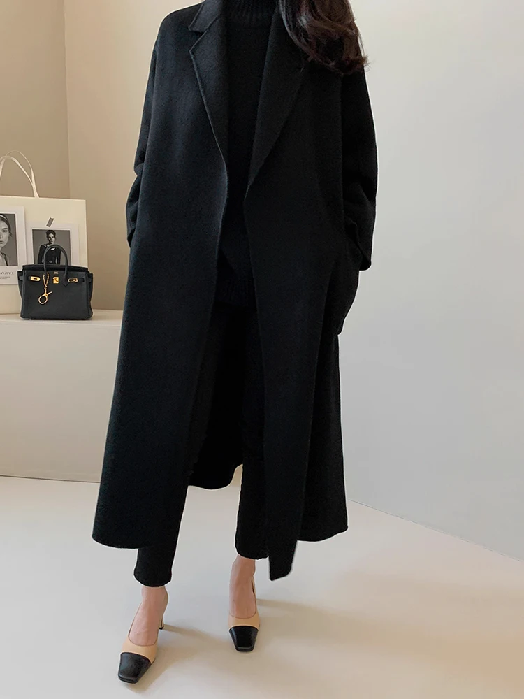 Manteau en laine Chic à col de costume Vintage d'automne, avec attaches à la taille longues, Double ket, vêtements d'extérieur pour femmes