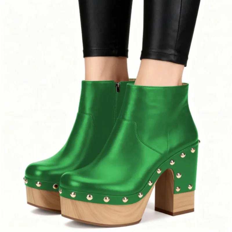 

SHOFOO Fashionable women's high-heeled boots. Green leather boots. About 11 cm heel height. Strange style heel ankle boots 34-46