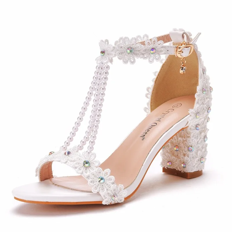 Crystal Queen Women Sandals Flowers Pearl Stilettos Bridal 7cm Evening Party High Heels Bridal Pumps Wedding Shoes