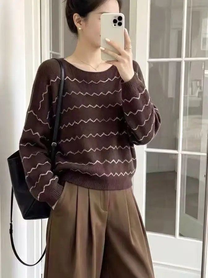Slimming Gradient Color Knitwear round Neck Loose Fit Thin Women's Fashionable Early Autumn Korean Style Base Layer Top