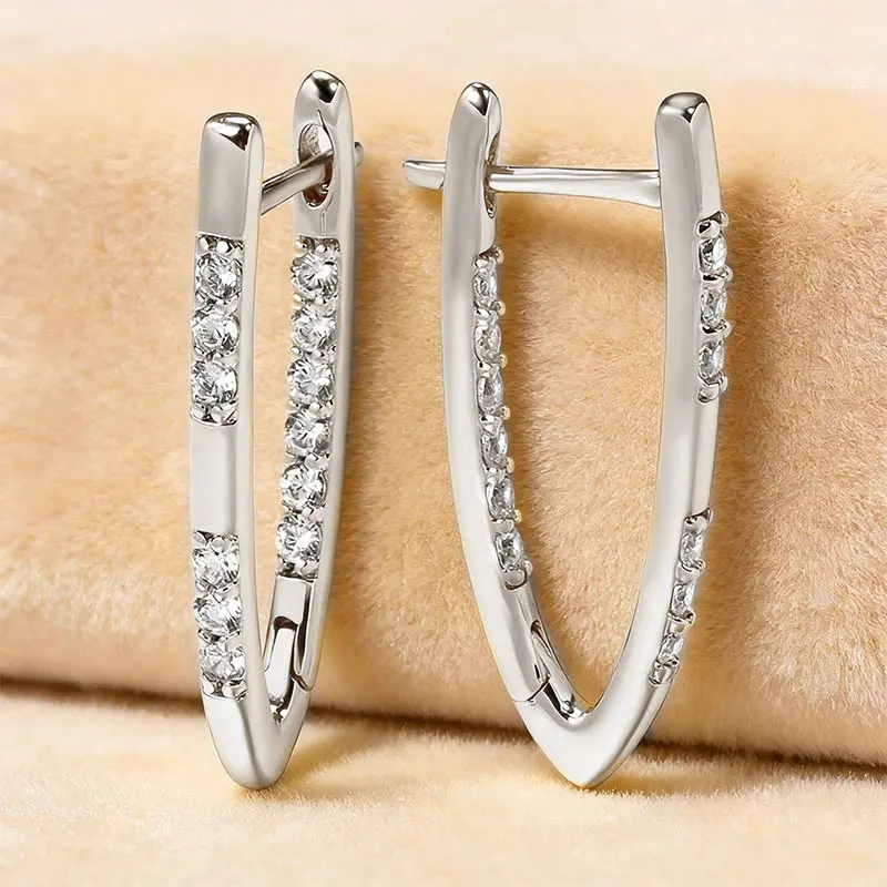 Abestecom D Color VVS1 GRA Certified Earrings V Shape Pave Moissanite Hoop Earrings Sparkling Geometric Wedding Women Jewelry - view 5