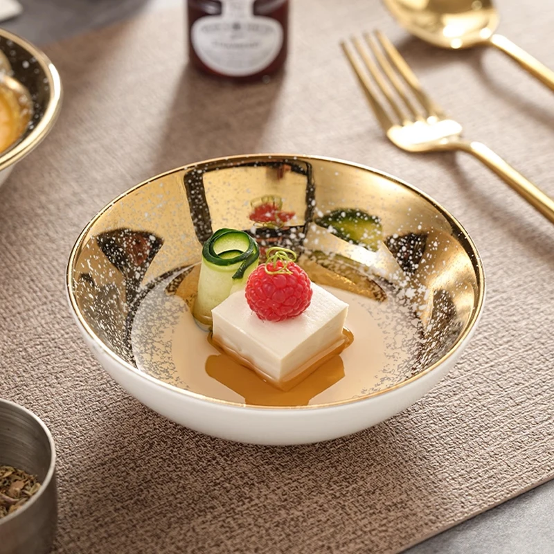 Luxury Electroplated Ceramic Bowl Creative Golden Starry Rice Bowl Restaurant Hotel Set Tableware Round Gold-plated Snack Bowl