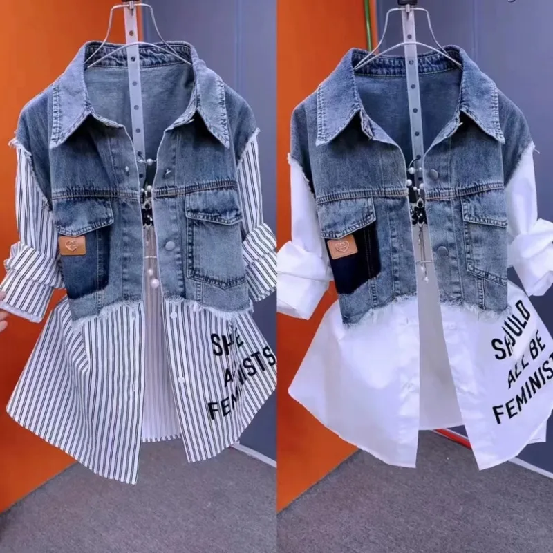 

Denim Jacket Fake Two Pieces Coat Strip Women Summer Design Sense Top Street Patchwork Style Stand-up Collar Fashionable Outwear