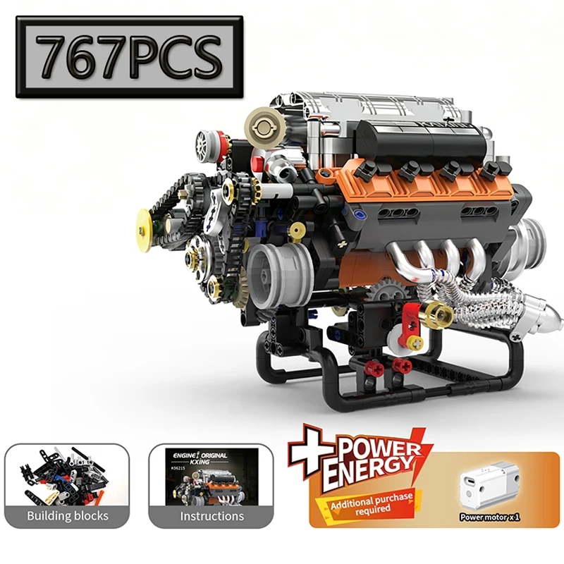 

Конструктор MOC 767 деталей: Креативная модель двигателя V8 с гальваническим покрытием, прозрачная, развивающая игрушка-головоломка для детей, подарок на день рождения