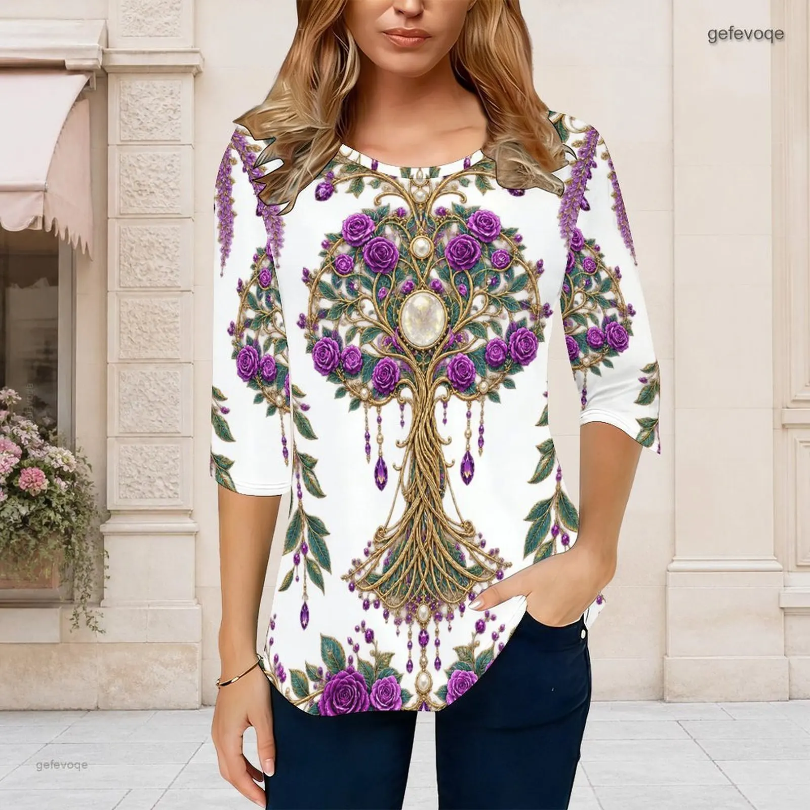 Women Round Neck 3/4 Sleeve Printed Top White with Purple Rose Golden Tree Pattern Curved Hem