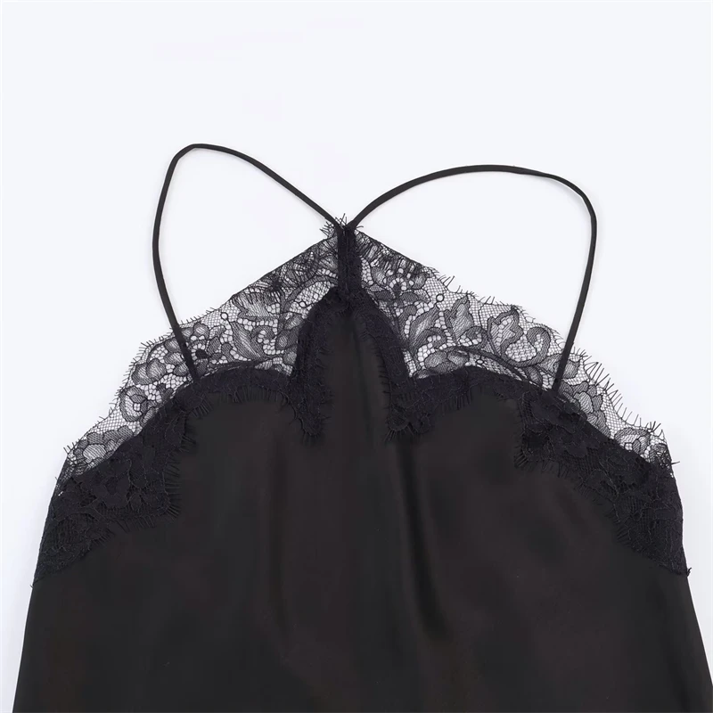 Elegant Black Satin Lace Trim Asymmetric Cami Dress for Women - Evening Party Cocktail Dress