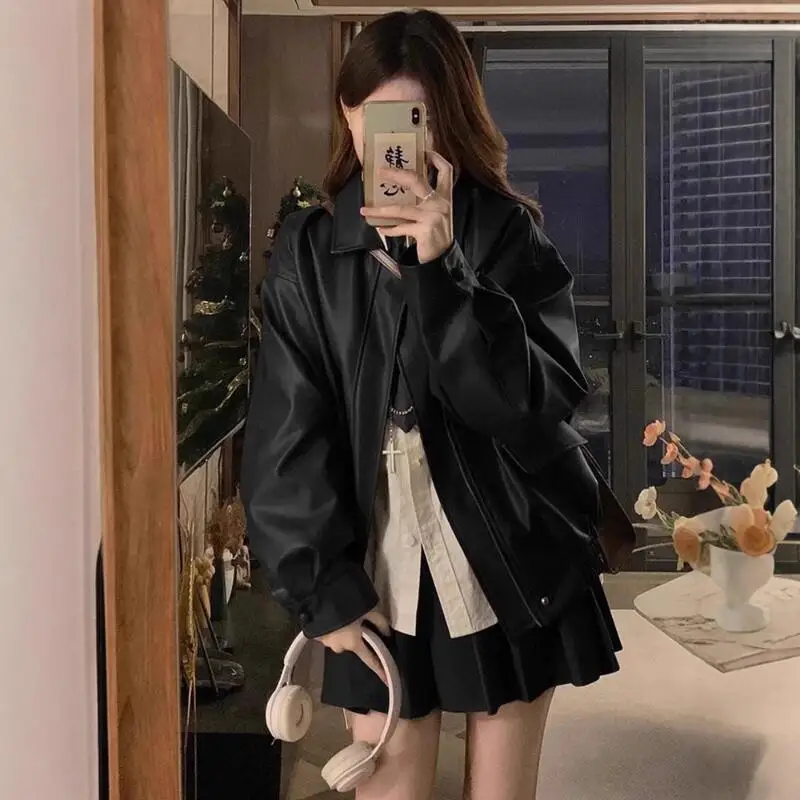 Hot 2026 Spring Autumn New Fashion Women Clothing Trend Cool Motorcycle Leather Jacket Casual Loose Long Sleeved Jacket Tops