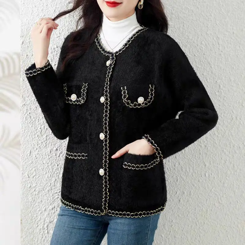 Autumn Winter Fashion Commute Chic Button Thick Knitted Cardigan Women Temperament Elegant Warm Sweaters Coat