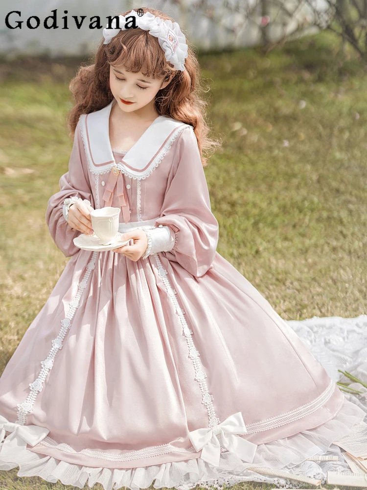 

Lolita Sweet Rabbit Ears Princess Long Sleeve Lace-Up Ruffles Dress Spring Autumn Turn-down Collar Cute Bow Princess Dresses