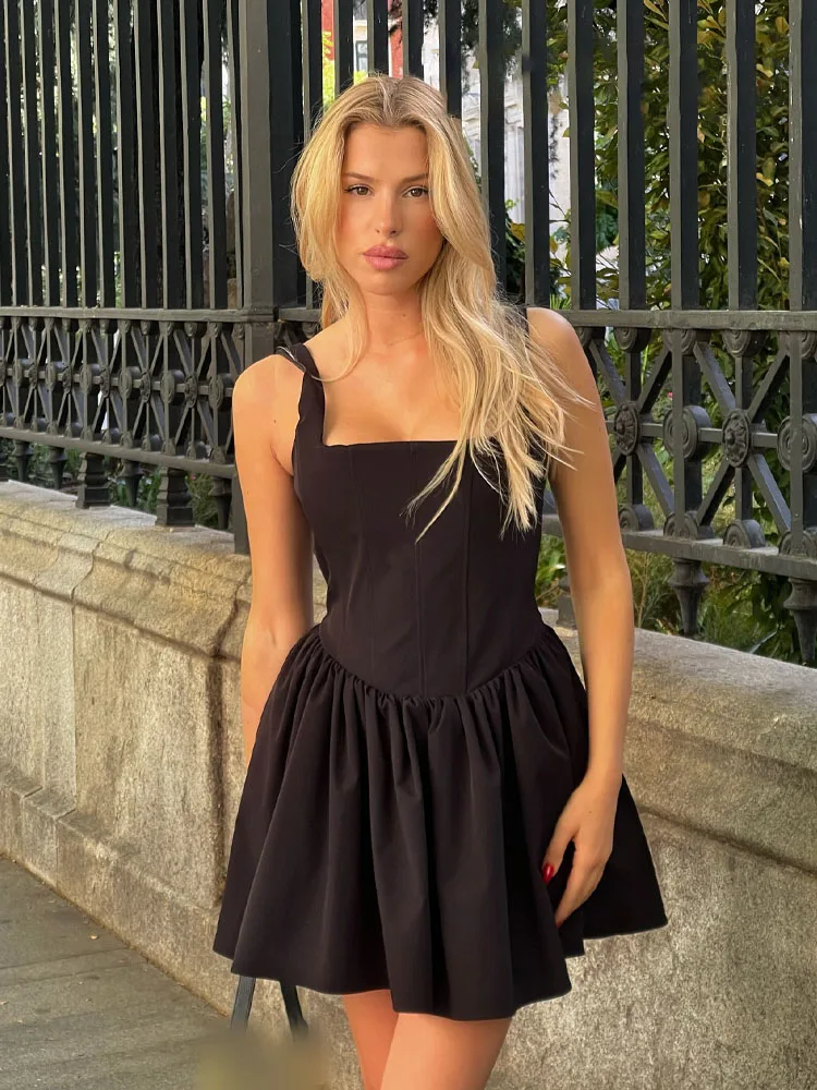 HH 女性用サマーセクシー スリムミニドレス 無地 スクエアカラー ノースリーブ バックレス プリーツ飾り ジッパー付き レディースファッションドレス