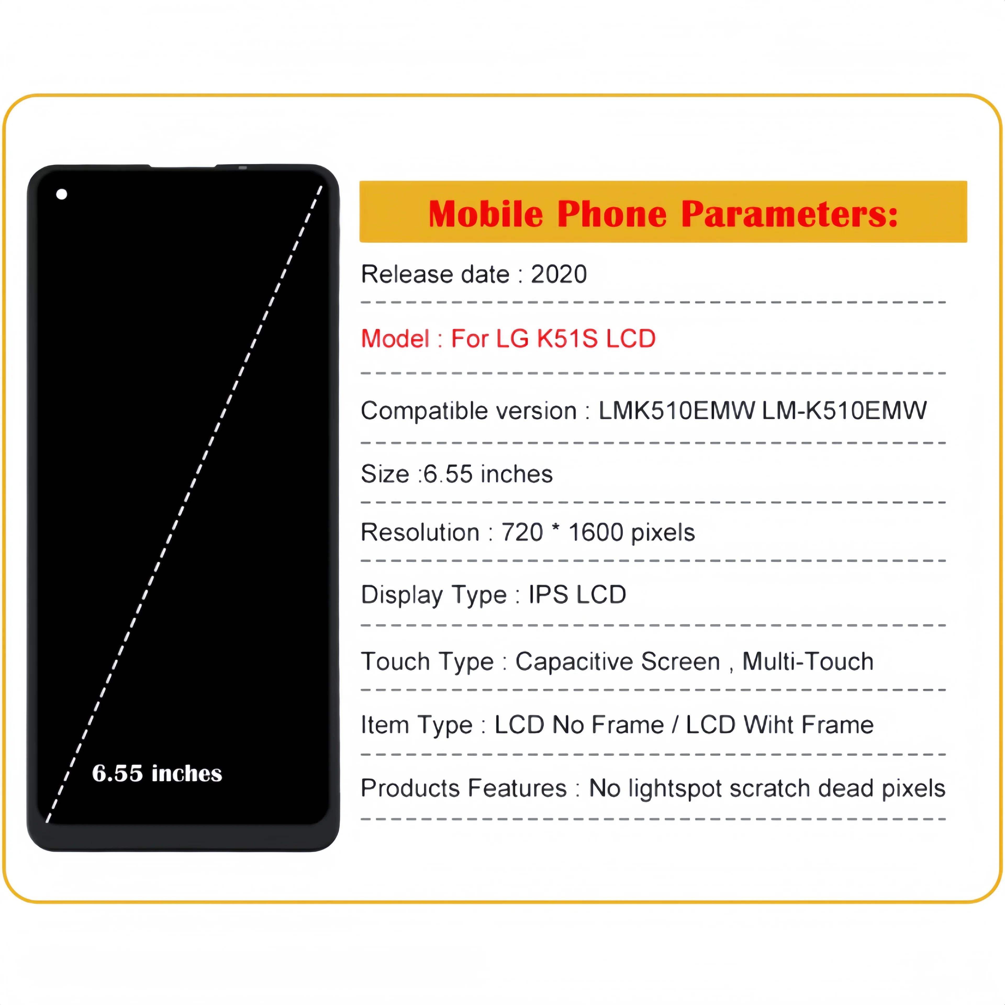 LCD-Touchscreen für LG k51s 2020, lmk510, lmk510emw, lm-k510emw, Digitizer-Baugruppe Ersatz