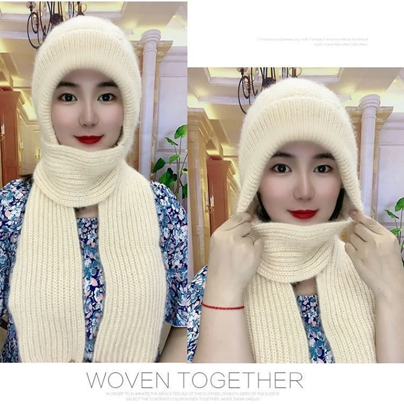 Hat Scarf All-in-one Female Winter Warm Rabbit Hair Ear Padded Cute Knitted Neck Protection Cold-proof Cycling Cap