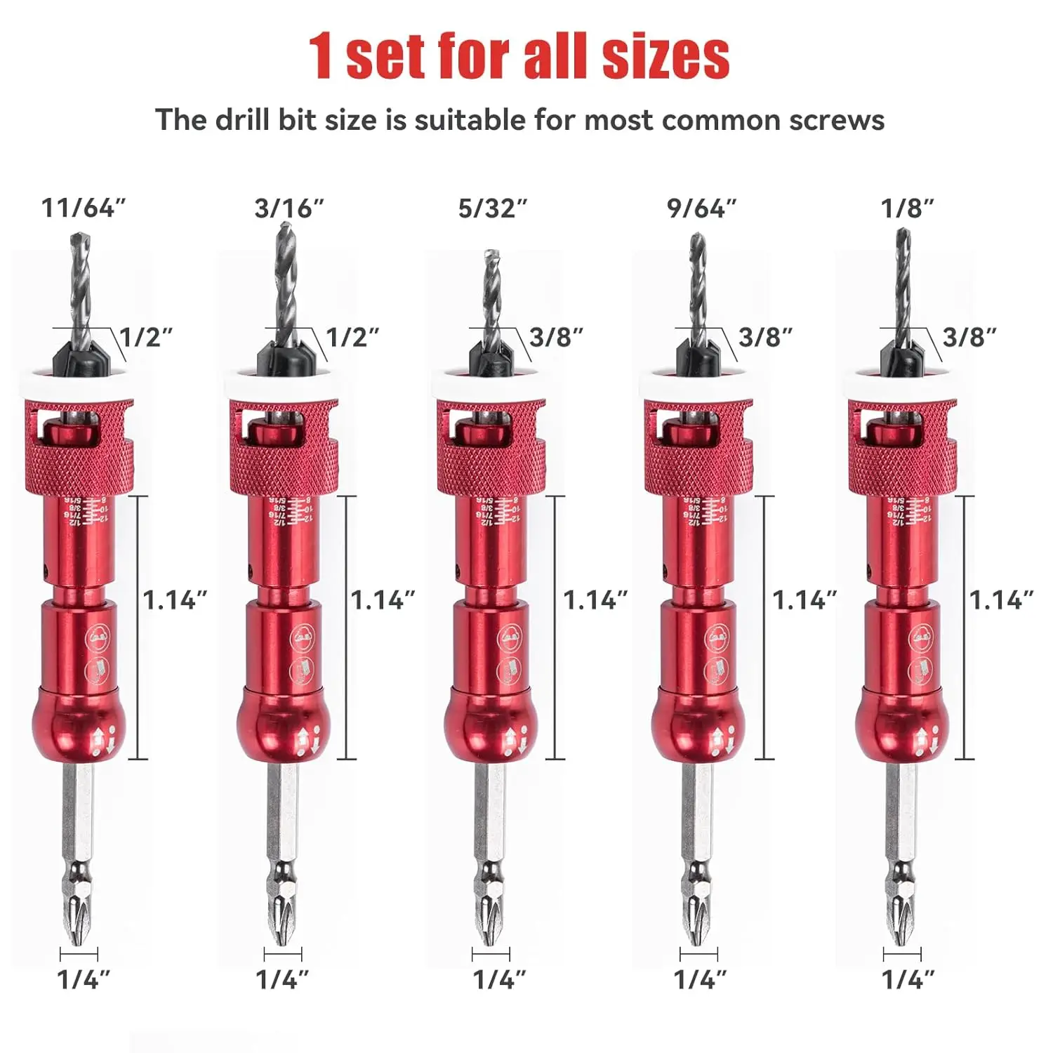 5Pcs Countersink Drill Bit Set with Low Friction Depth Stop HSS M2 Tapered Bits For Precise Countersinking Woodworking