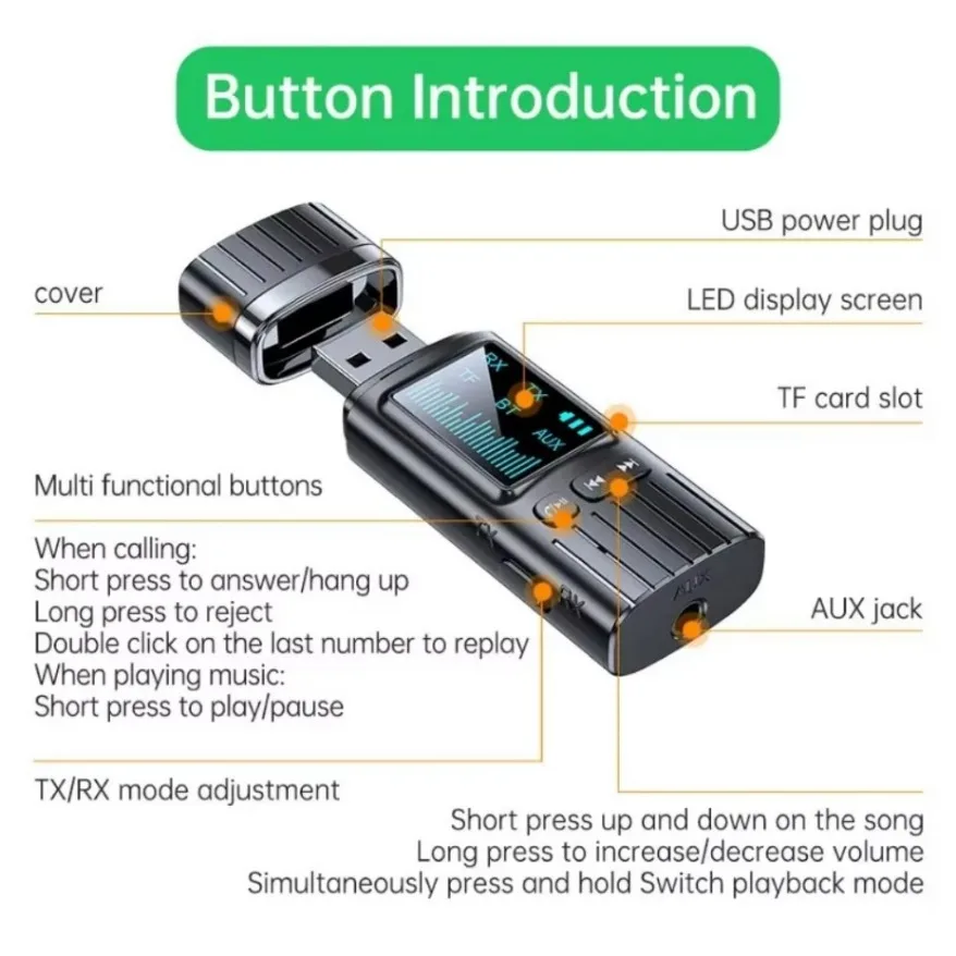 2-in-1 USB Bluetooth 5.4 Receiver Transmitter Audio Adapter LED HD Display Screen TV Computer Bluetooth for Screen 3.5mm Adapter