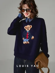 LOUIS YAO Women's Sweatshirts 2024 Spring Heavy Applique Embroidered Bear College Style Denim Splicing Fake Two-piece Hoodies