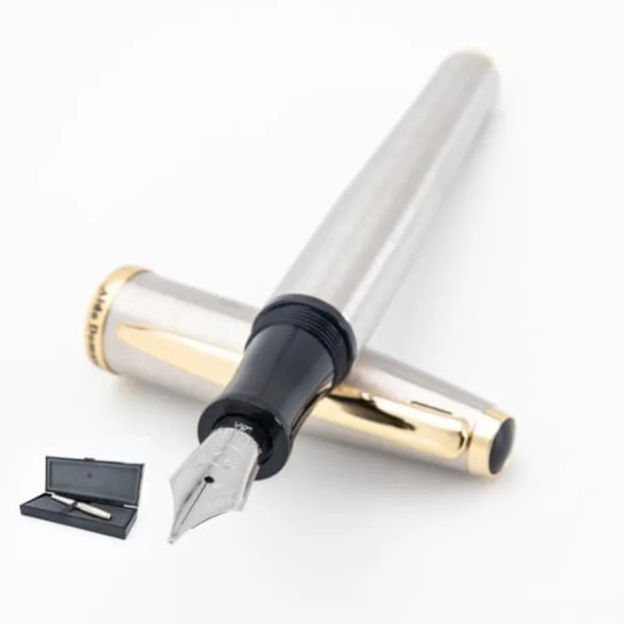 

USA Aldo Domani Fountain Pen Brushed Fine Nib Free Ink Bottle Converter and Cartridges Great Gift for Writers