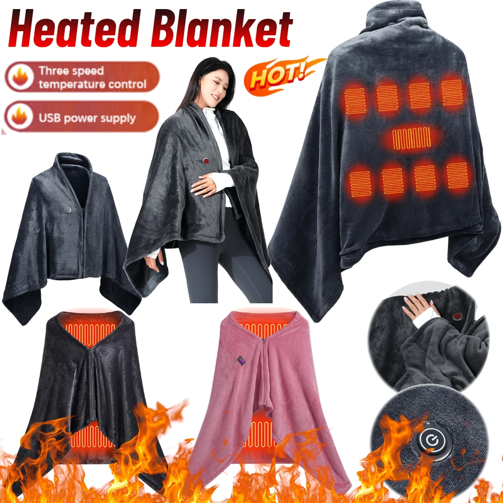 USB Electric Heated Blanket 3 Heating Levels Fleece 9 Heated Blanket Shawl Portable Coral Velvet Blanket Quickly Heated Cape Pad