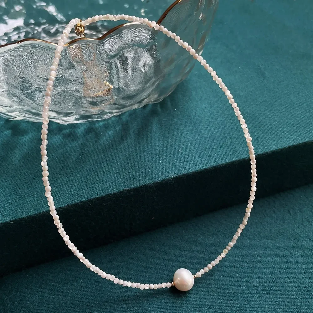 Minimalist Shell Pearl Necklace Thin 2mm Mini Shiny White Natural Freshwater Baroque Pearl Charm Short Choker Necklace for Women