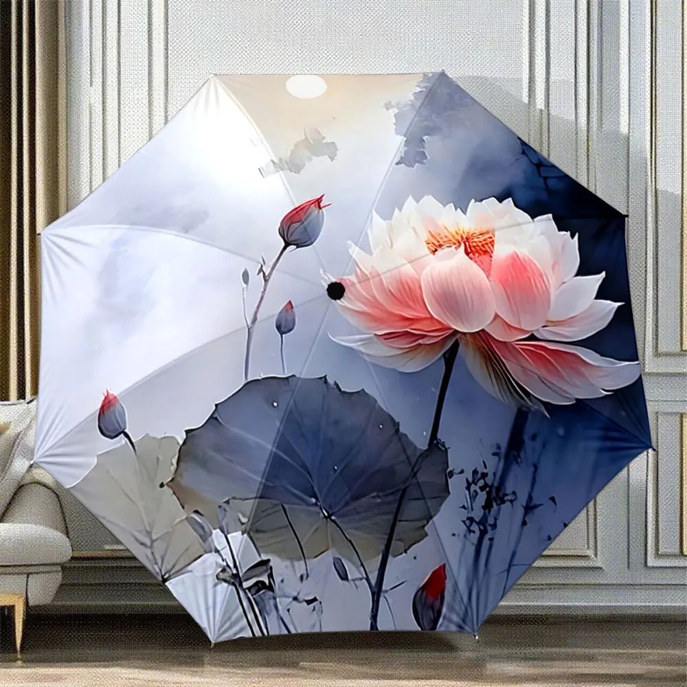 Elegant Lotus Design Umbrella with Watercolor Style Print ,Portable Folding Umbrella, Gift for Family Friends