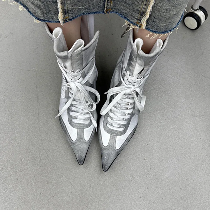 

Sporty Pointy Toe Patchwork Mid-calf Boots Stiletto Heel Lace-Up Fashion Boots Color-blocked Design Party Banquet Women's Boots