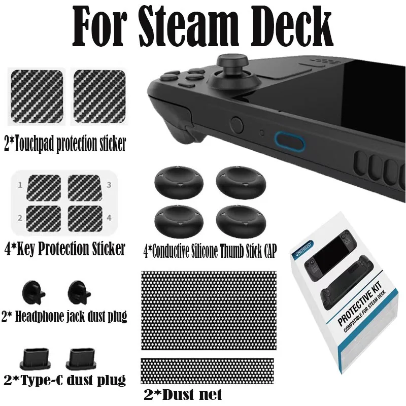 For Steam Deck Host Protection Set Dustproof Dust Plug + Button Trackpad Sticker + Silicone Rocker Cap Set Gaming Accessories