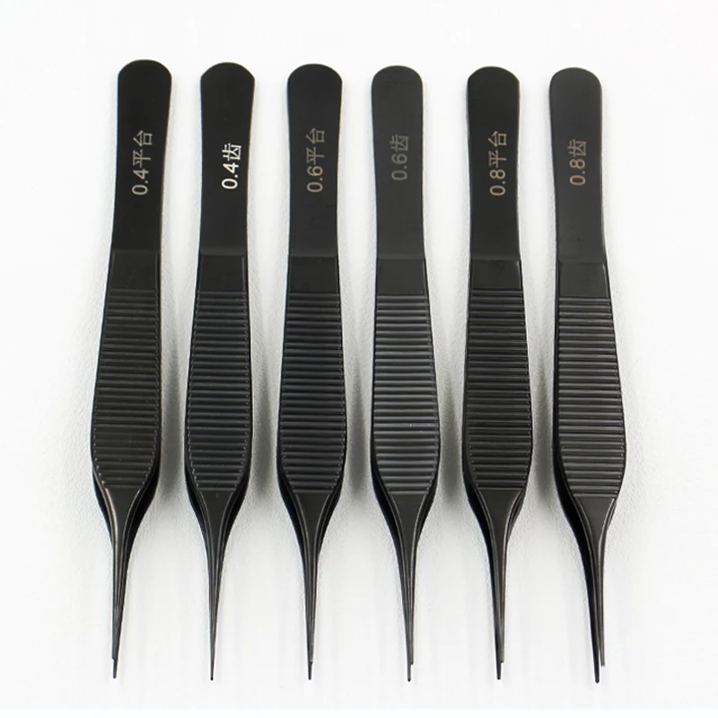 High quality stainless steel black plated transverse pattern plastic tweezers cosmetic surgical tools toothed/platform tweezers