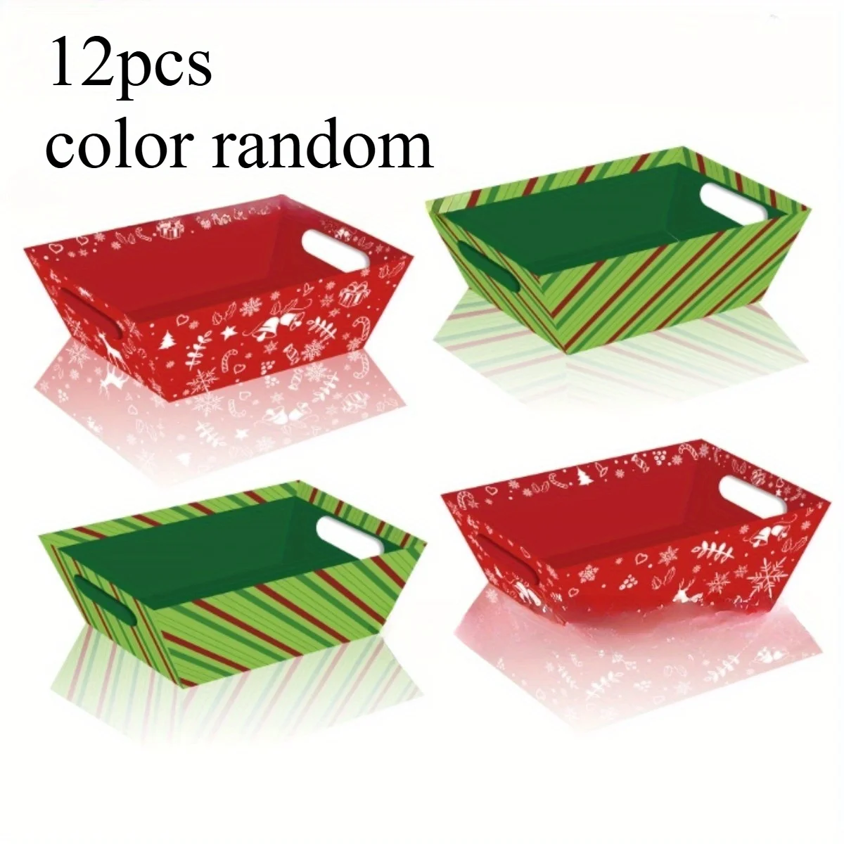 Cajas de regalo navideñas de cartón resistentes con tapas, bandejas de colores sólidos con rayas rojas, verdes y copos de nieve y renos, 12 Uds.