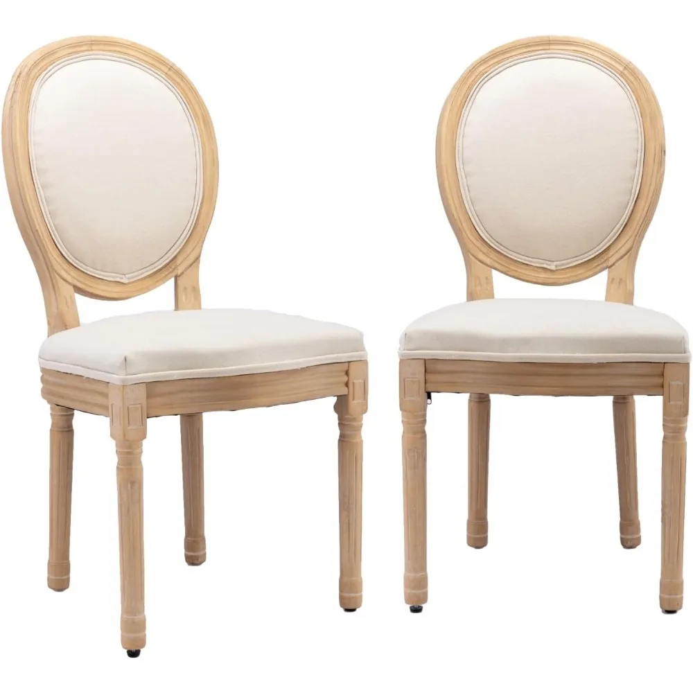 مجموعة كراسي تناول الطعام في الريف الفرنسي مكونة من 2، كراسي طعام خشبية عتيقة مع مقعد منجد من القماش ومسند ظهر بيضاوي وأرجل من الخشب الصلب&F #2