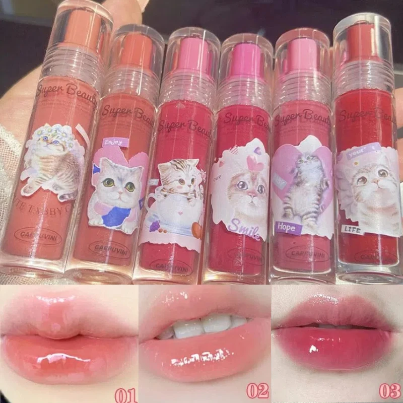 Cute Cat Lip Gloss Set Lips Essence Jelly Lip Glaze Moisturizer Mirror Water Light Lipsticks Red Lip Tint Liquid Lip Oil Balm