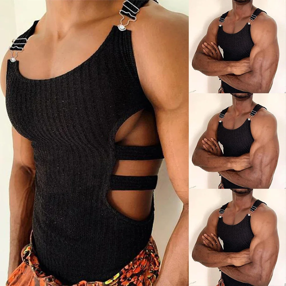 Mens Knitted Slim Crop Tops Fashion Side Hollow Sleeveless Adjustable Vests Erotic Sweatshirt Muscle Tank T Shirt Muscle Vest