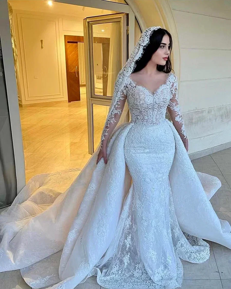 Customized Elegant Mermaid Wedding DressesDetachable Train Romantic Lace Long Sleeve Bride Dresses For Vestidos De Novia