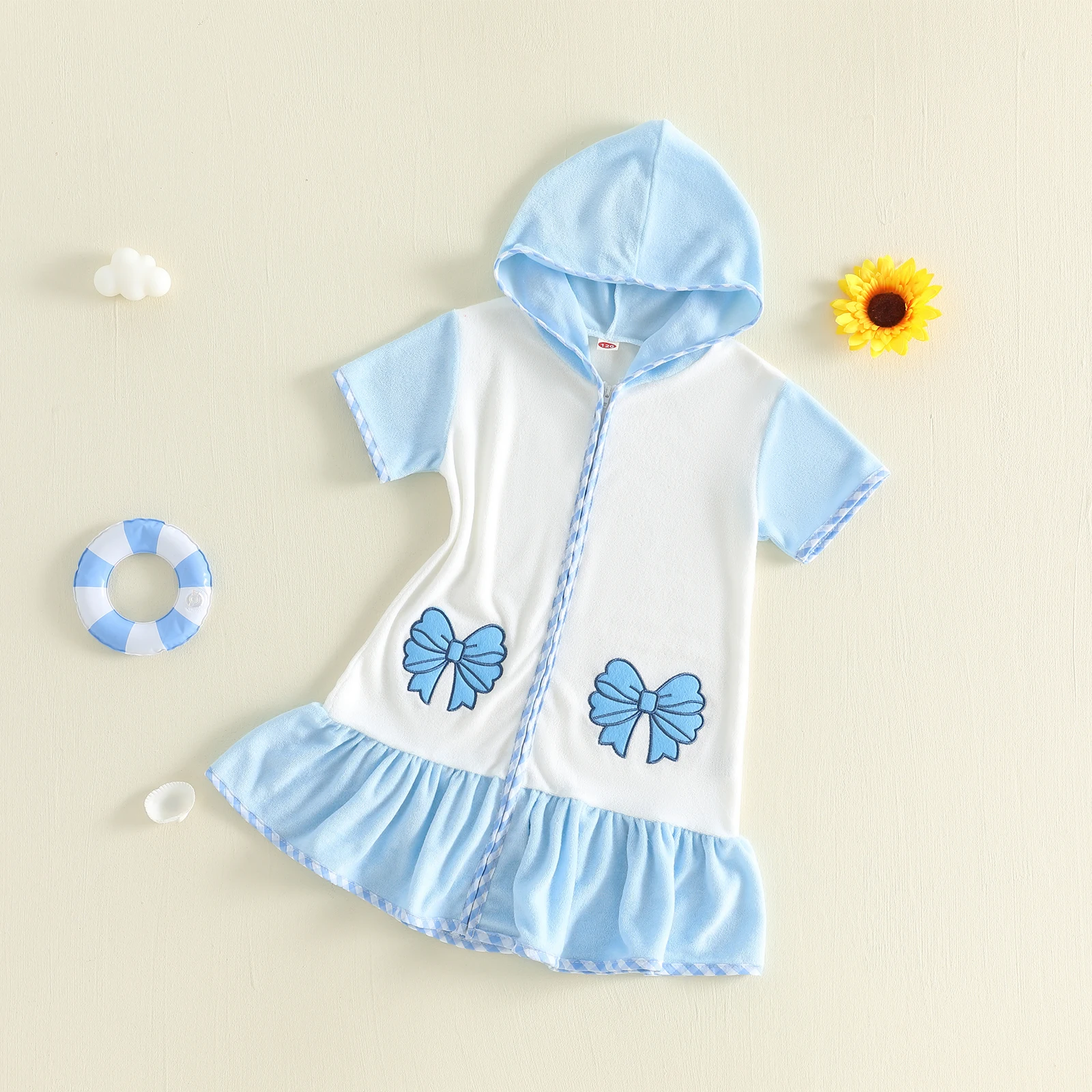 Little Girls Beach Cover Up Hooded Robe Short Sleeve Zipper Bow Embroidery Terry Cloth Swim Cover Up