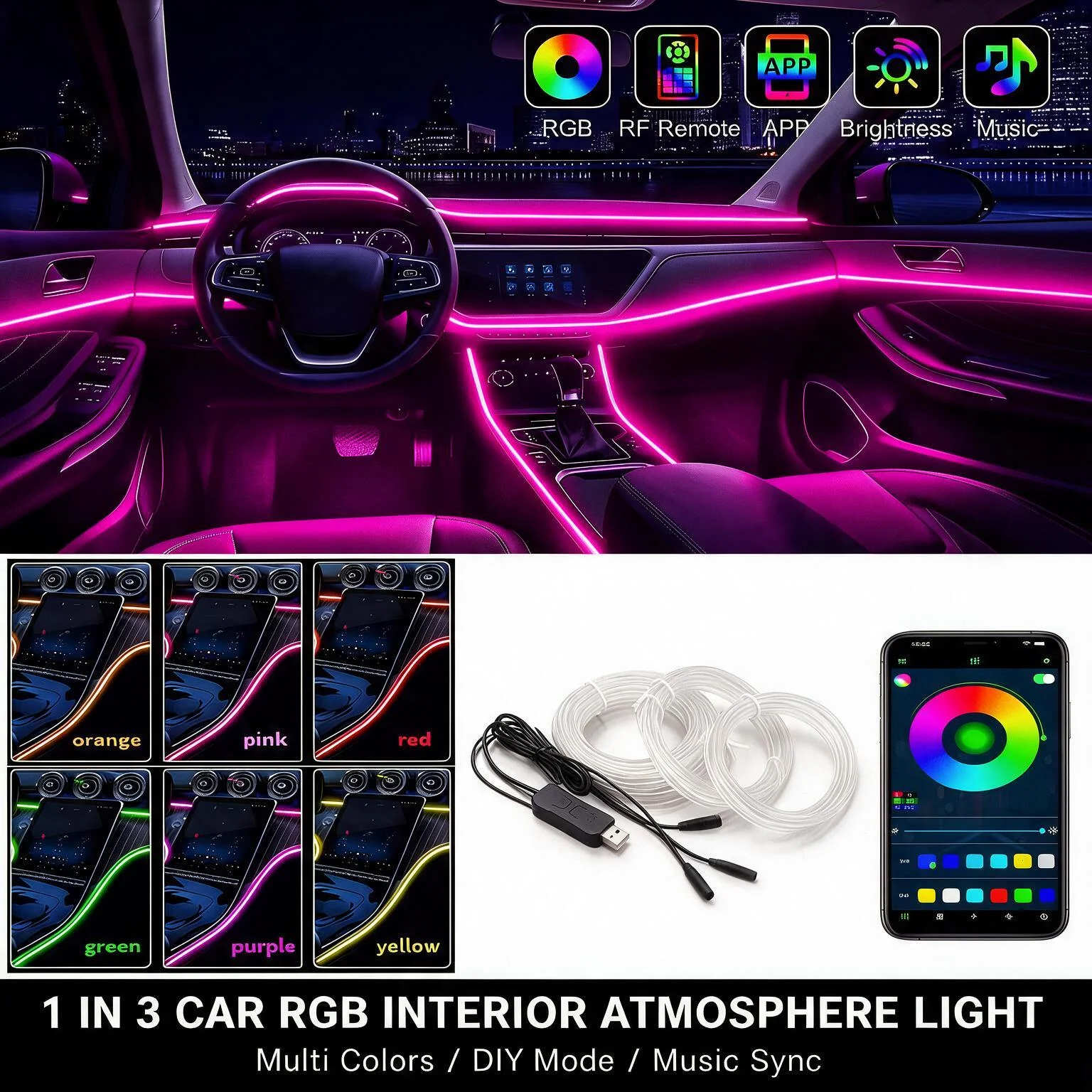 1 IN 3  Car RGB Ambient LED Light Strip USB Fiber Optic Atmosphere Neon Invisible Light APP Control Music Sync RF Remote Brightness Adjustable Multi Color for Center Console Door Dashboard Interior Decoration Auto Accessories