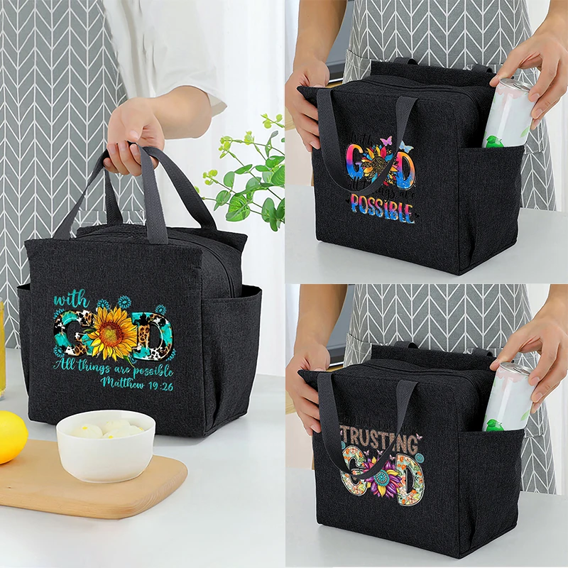 

GOD Letter Printed Tnsulated Lunch Bag with Built-in Waterproof Refrigerated Ice Bag and Large Capacity Commuting Storage Bag