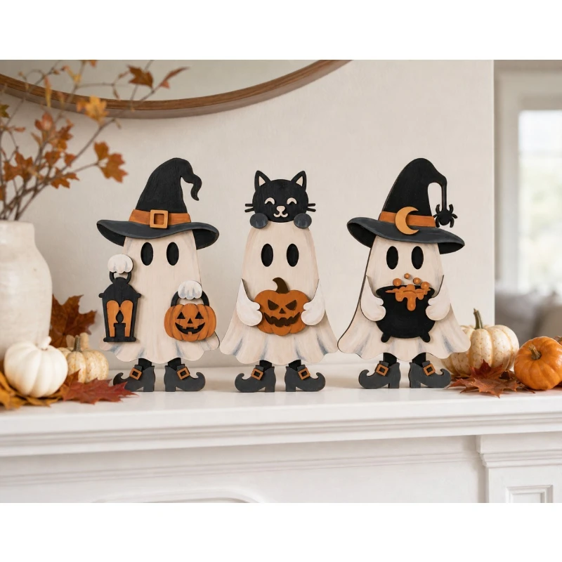 Halloween Wooden Ghost Witch Upright Plaque Table Centerpiece Décor Spooky Party Ornament for Festive